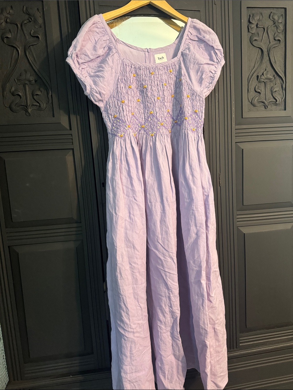 TACH Lilac Embroidered Smocked Puff-Sleeve Juani Dress
